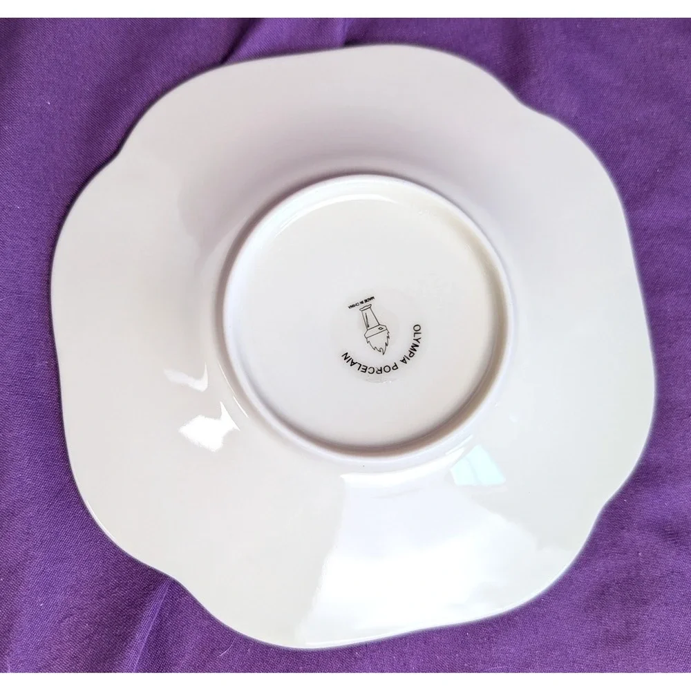 Olympia Ribbed Tea Cup and Flower Shaped Saucer White With Gold Trim NIB